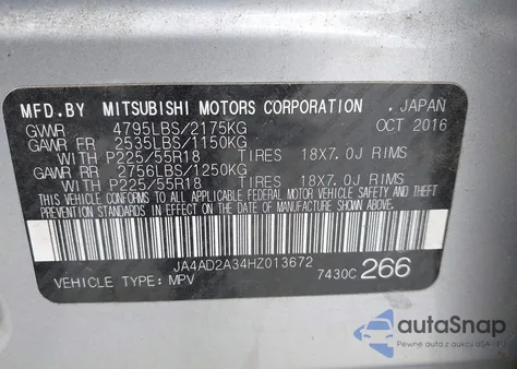 2017 Mitsubishi Outlander Es z USA, uszkodzony, nr VIN JA4AD2A34HZ013672